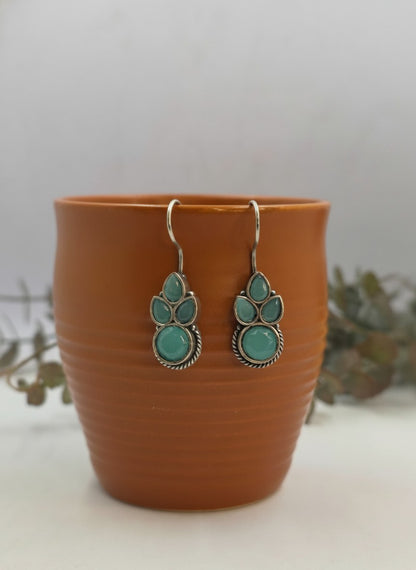 Silver Oxidized Mint Stone Floral Drop Earrings for Women - Everyday Wear