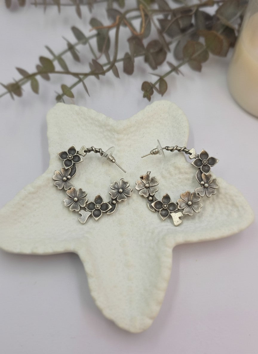 Silver Oxidized Floral Vine Hoop Earrings for Women - Casual Everyday Wear