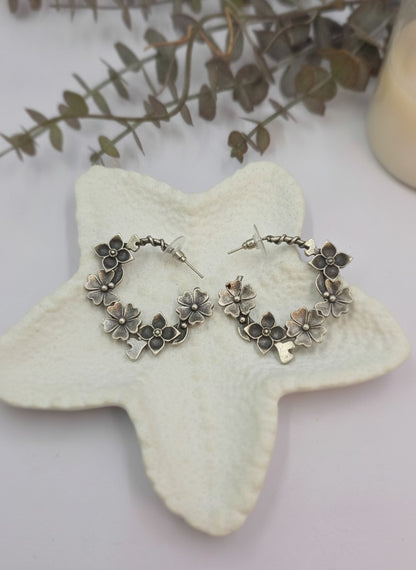Silver Oxidized Floral Vine Hoop Earrings for Women - Casual Everyday Wear