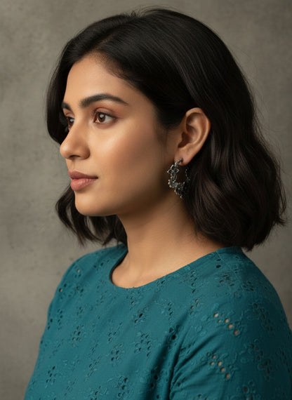 Silver Oxidized Floral Vine Hoop Earrings for Women - Casual Everyday Wear