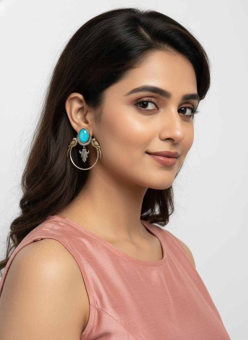 Silver Oxidized Two-Tone Parrot Earrings for Women