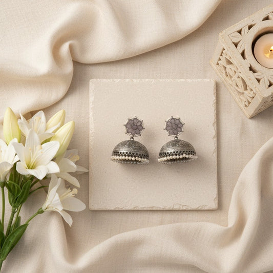 Antique Silver Oxidized Jhumki Earrings with Pearls & Floral Design for Women