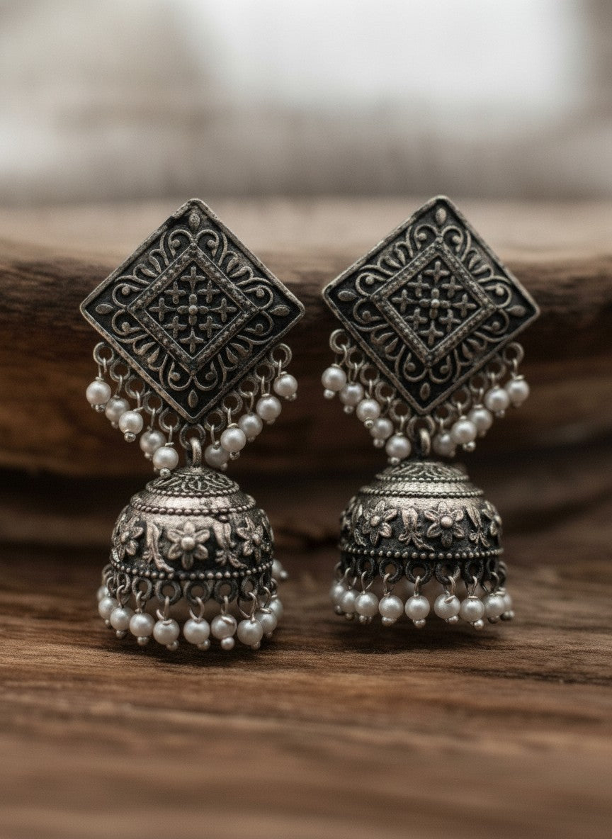 Silver Oxidized Square Jhumka Earring for Women - Ethnic Everyday Wear