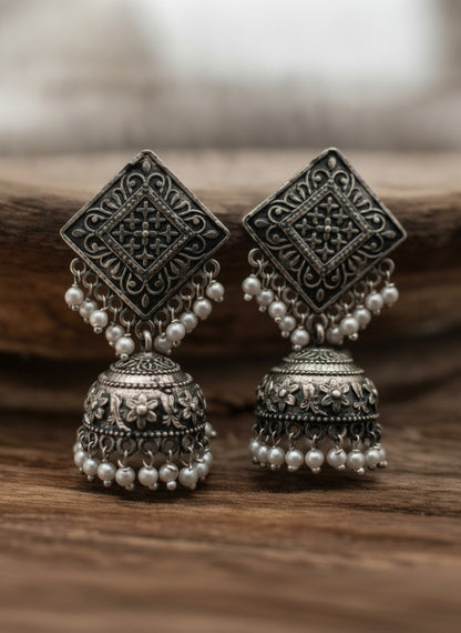 Silver Oxidized Square Jhumka Earring for Women - Ethnic Everyday Wear