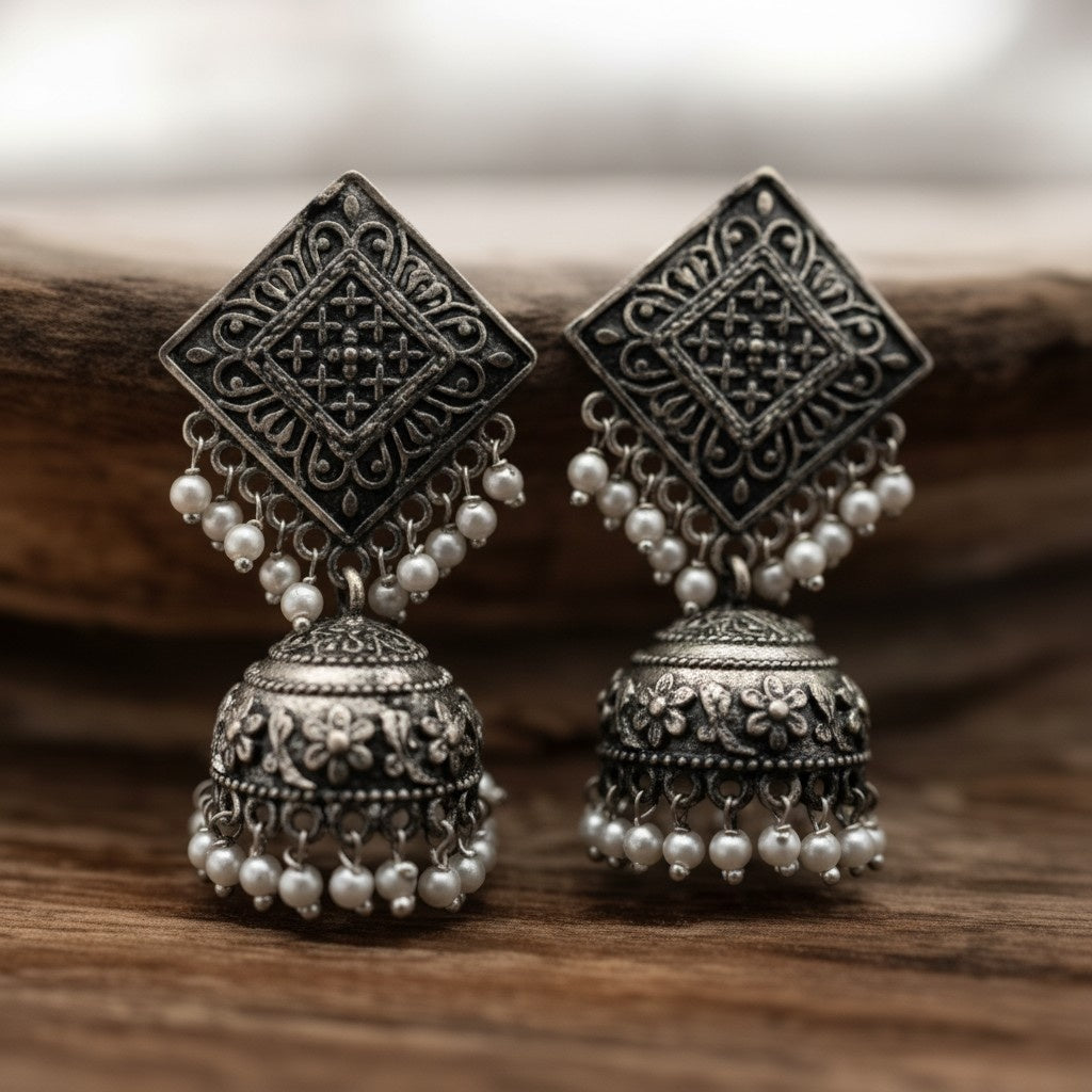 Silver Oxidized Square Jhumkis Earring for Women