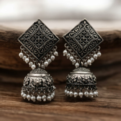 Silver Oxidized Square Jhumkis Earring for Women