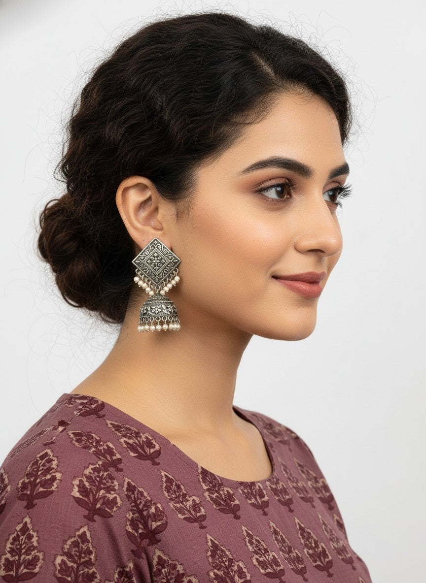 Silver Oxidized Square Jhumkis Earring for Women