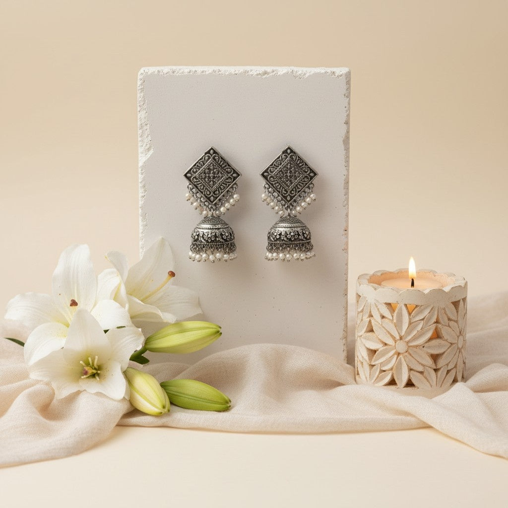 Silver Oxidized Square Jhumkis Earring for Women