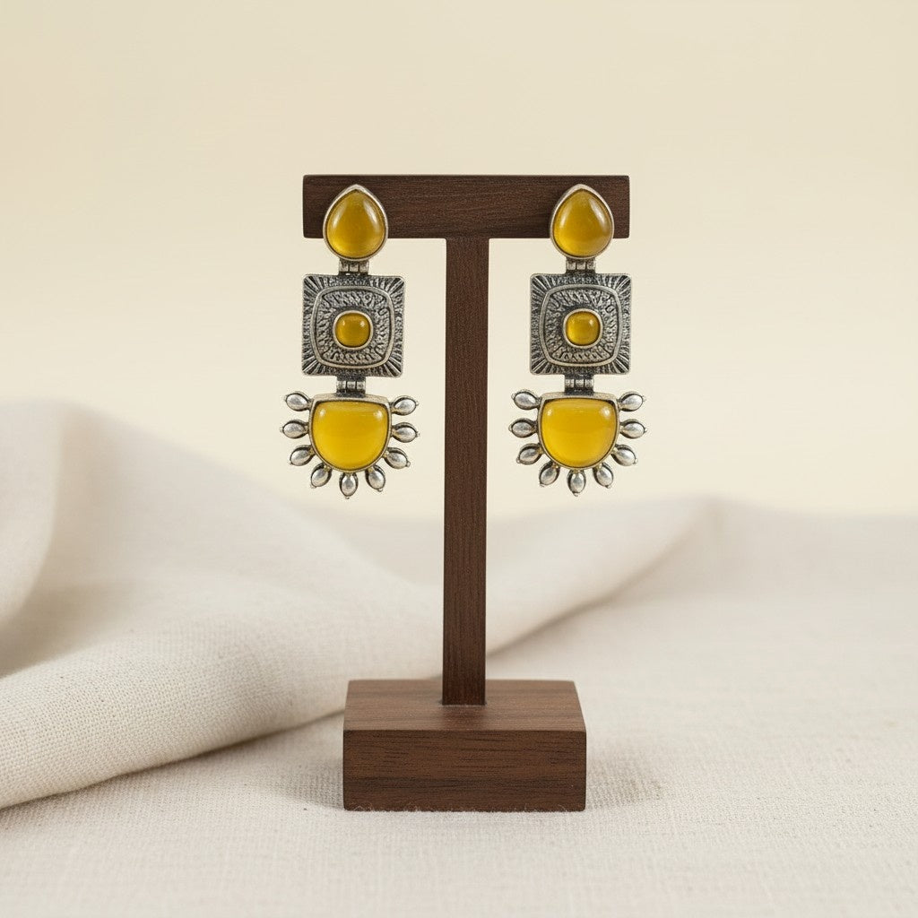 Traditional Silver Oxidized Monalisa Stone Square Dangler Earrings for Women