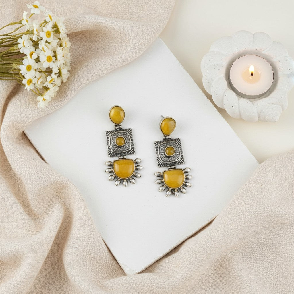 Traditional Silver Oxidized Monalisa Stone Square Dangler Earrings for Women