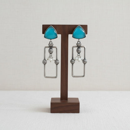 Statement Silver Oxidized Geometric Dangler Earrings with Monalisa stones and pearls