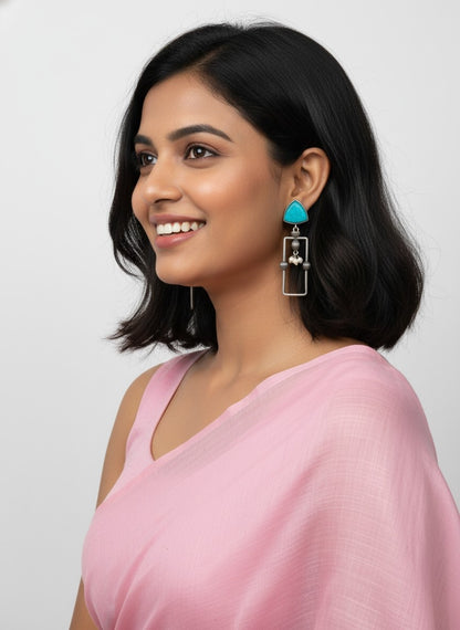 Statement Silver Oxidized Geometric Dangler Earrings with Monalisa stones and pearls