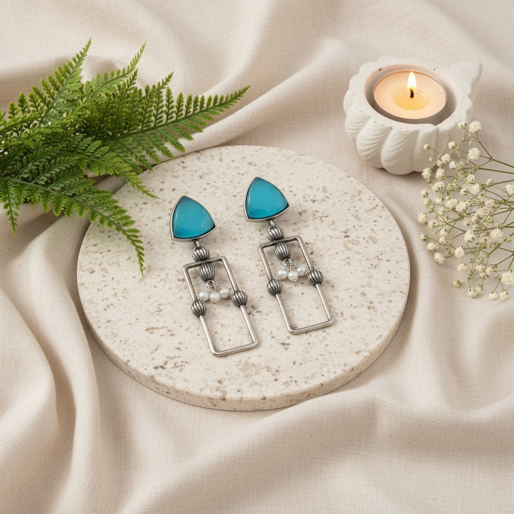 Statement Silver Oxidized Geometric Dangler Earrings with Monalisa stones and pearls