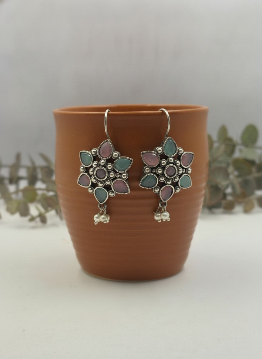 Silver Oxidized Pink & Light Blue Floral Stone Hook Earrings with Pearl Drops for Women - Everyday Wear