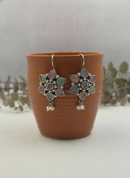 Silver Oxidized Pink & Light Blue Floral Stone Hook Earrings with Pearl Drops for Women - Everyday Wear