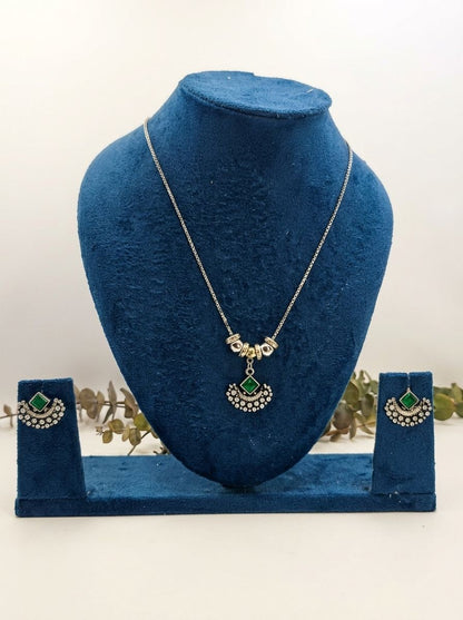 Emerald Crescent Silver Oxidised  Necklace Set for Women - Everyday Ethnic Wear