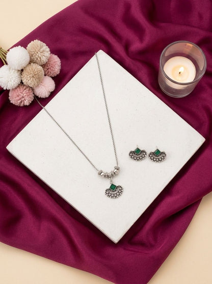 Emerald Crescent Silver Oxidised  Necklace Set for Women - Everyday Ethnic Wear