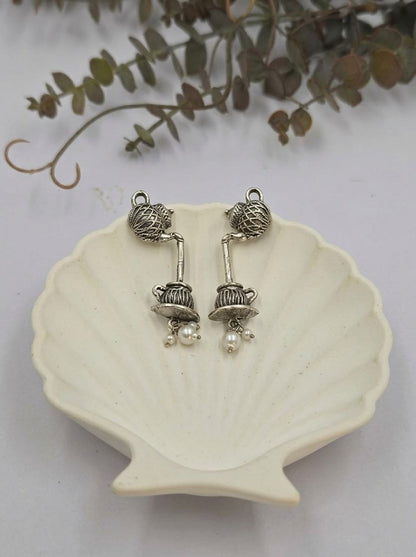 Silver Oxidized Tea Kettle & Teacup Earrings with Pearl Drops for Women – Fusion Wear