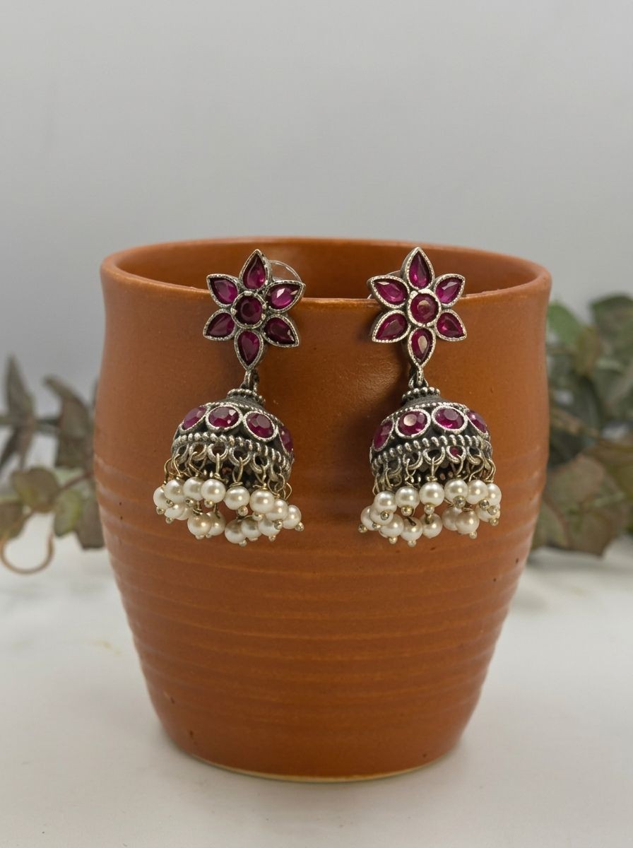 Ruby Floral Silver Oxidized Jhumka Earrings for Women - Ethnic Indian Wear