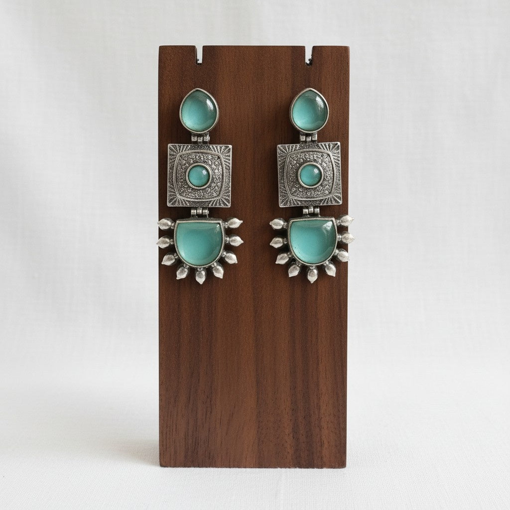 Traditional Silver Oxidized Monalisa Stone Square Dangler Earrings for Women