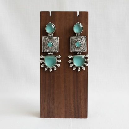 Traditional Silver Oxidized Monalisa Stone Square Dangler Earrings for Women