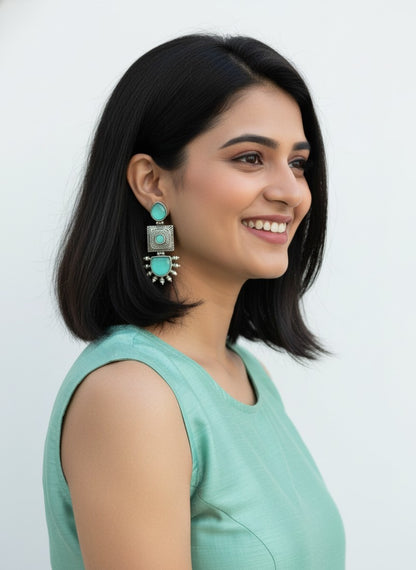 Traditional Silver Oxidized Monalisa Stone Square Dangler Earrings for Women