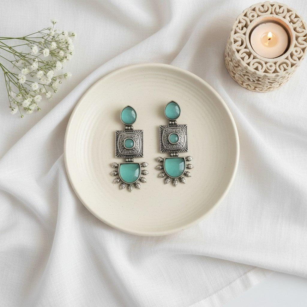 Traditional Silver Oxidized Monalisa Stone Square Dangler Earrings for Women