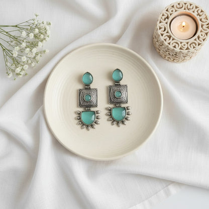 Traditional Silver Oxidized Monalisa Stone Square Dangler Earrings for Women