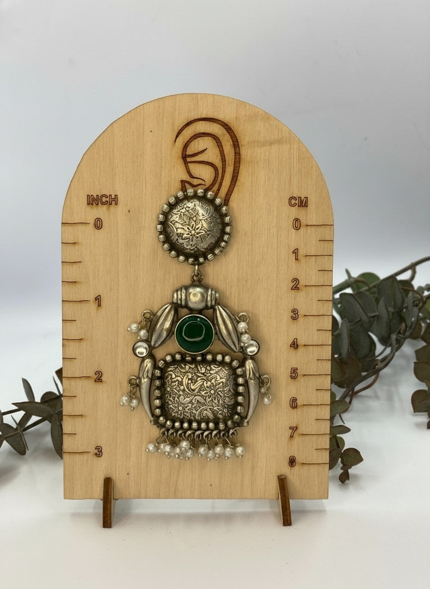 Handmade Silver Oxidized Dangler Earrings in Monalisa Stone and Pearls for Women