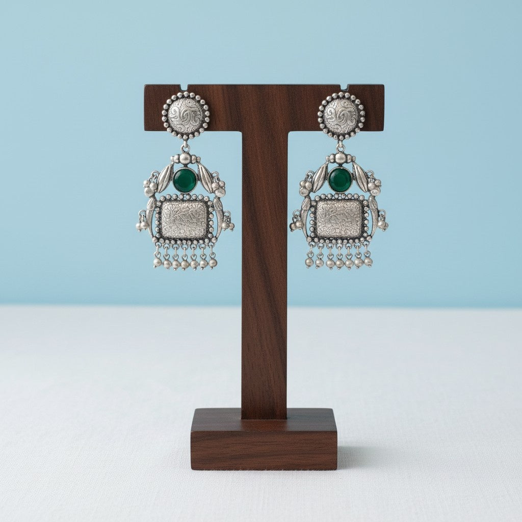 Handmade Silver Oxidized Dangler Earrings in Monalisa Stone and Pearls for Women