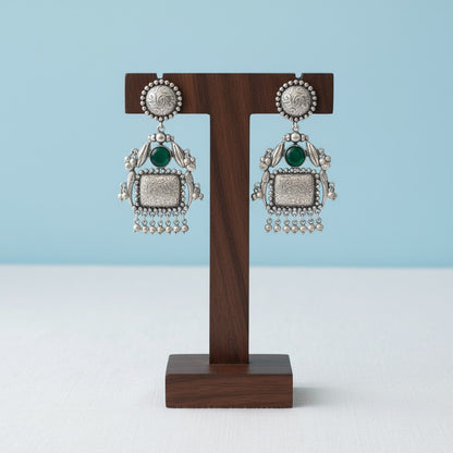 Handmade Silver Oxidized Dangler Earrings in Monalisa Stone and Pearls for Women