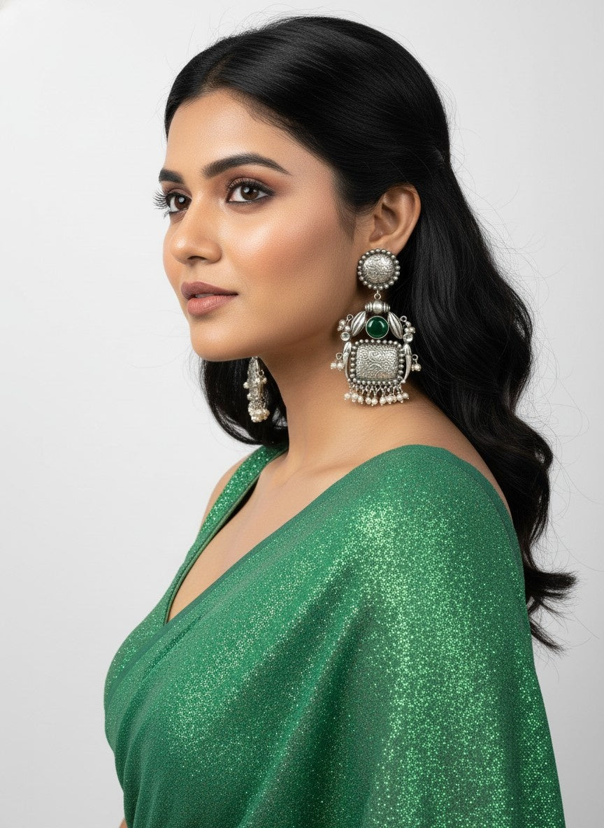 Handmade Silver Oxidized Dangler Earrings in Monalisa Stone and Pearls for Women