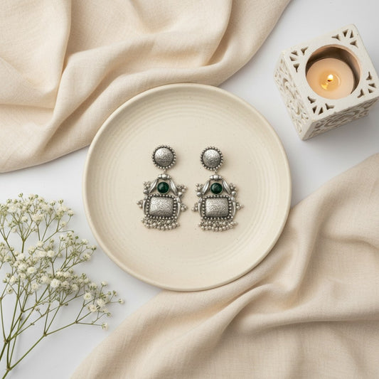 Handmade Silver Oxidized Dangler Earrings in Monalisa Stone and Pearls for Women