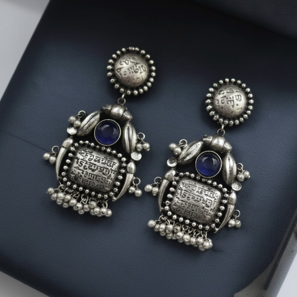 Handmade Silver Oxidized Dangler Earrings in Monalisa Stone and Pearls for Women