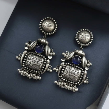 Handmade Silver Oxidized Dangler Earrings in Monalisa Stone and Pearls for Women