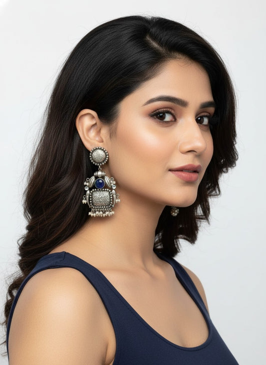 Handmade Silver Oxidized Dangler Earrings in Monalisa Stone and Pearls for Women