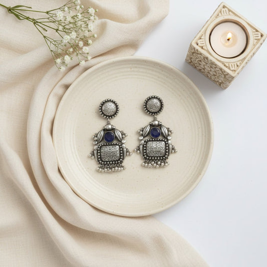 Handmade Silver Oxidized Dangler Earrings in Monalisa Stone and Pearls for Women