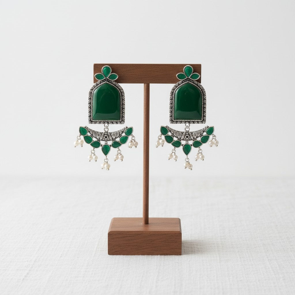 Silver Oxidized Jumbo Stone Dangler Earring for Women
