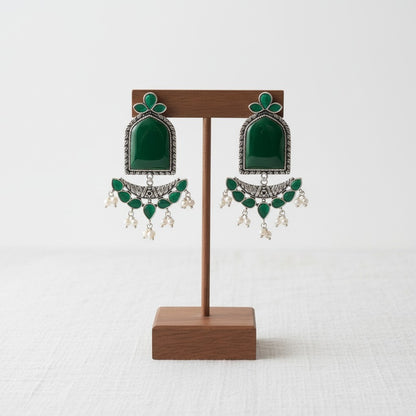 Silver Oxidized Jumbo Stone Dangler Earring for Women