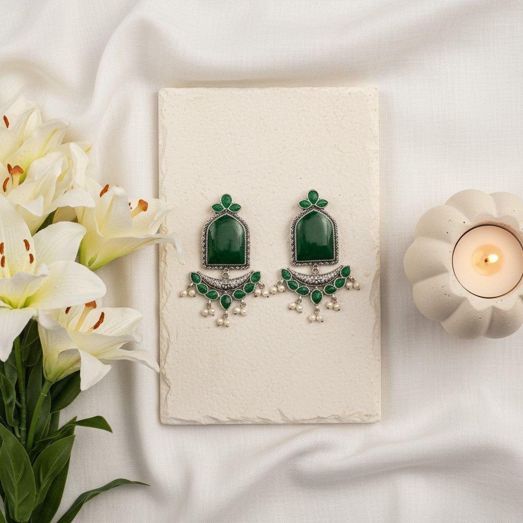 Silver Oxidized Jumbo Stone Dangler Earring for Women