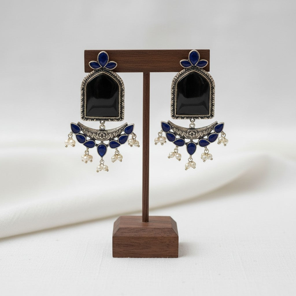 Silver Oxidized Jumbo Stone Dangler Earring for Women