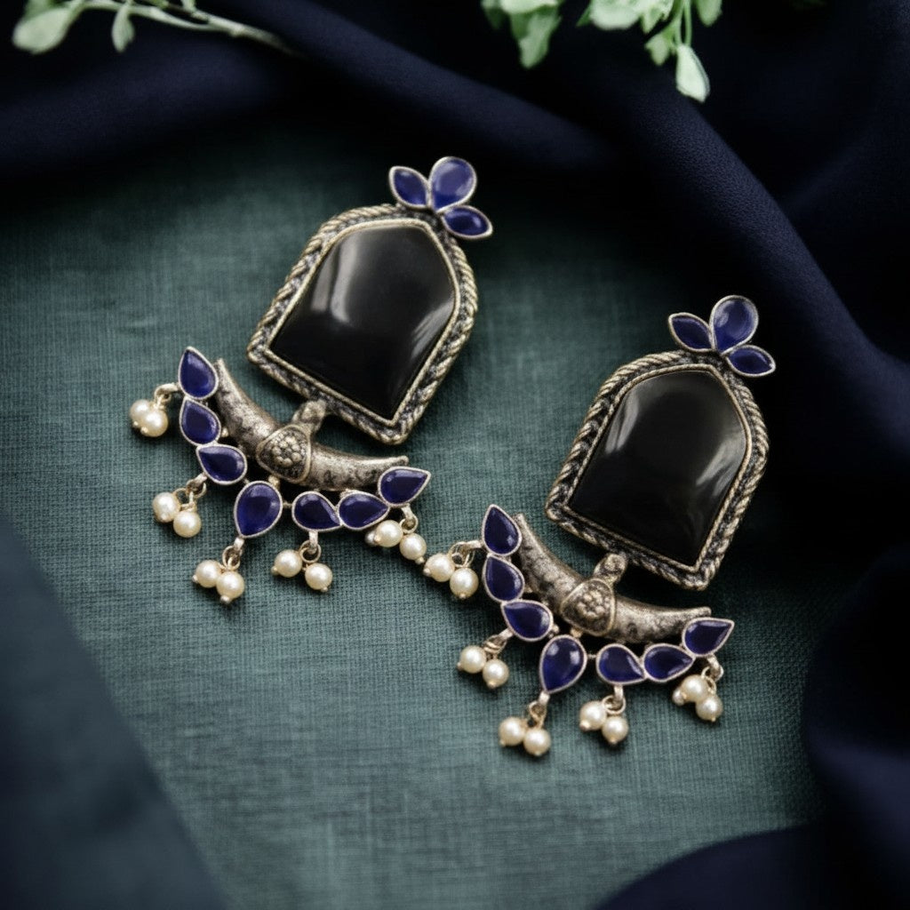 Silver Oxidized Jumbo Stone Dangler Earring for Women