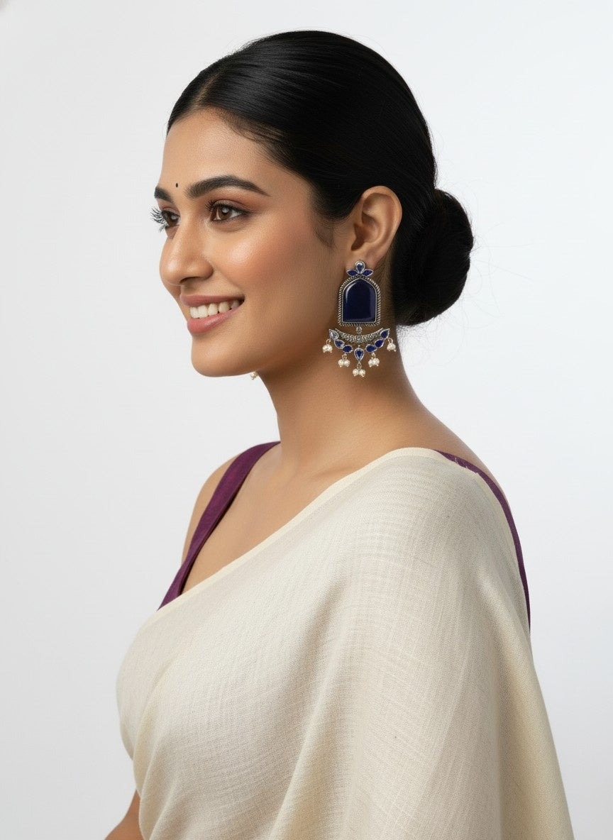 Silver Oxidized Jumbo Stone Dangler Earring for Women