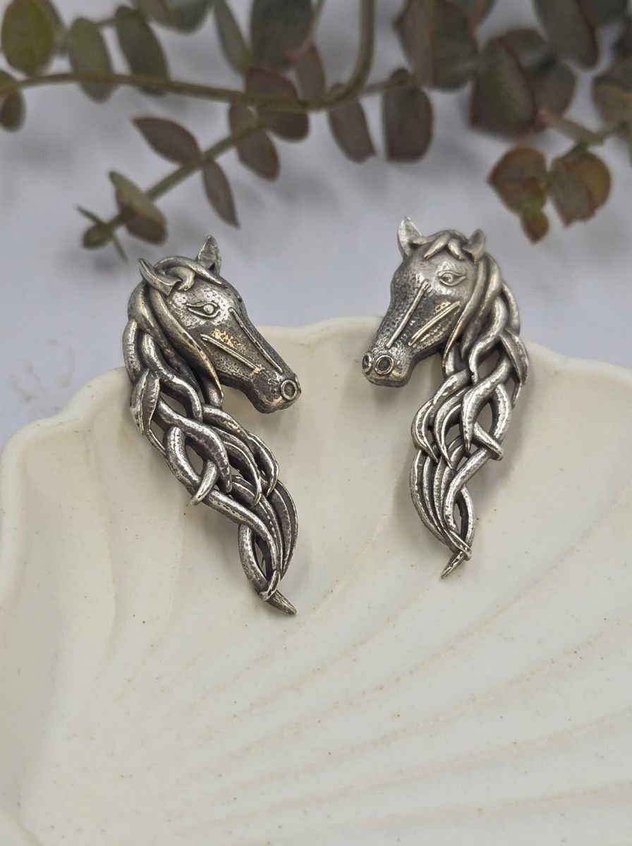 Handcrafted Silver Oxidized Horse Motif Statement Earrings for Women – Contemporary Wear