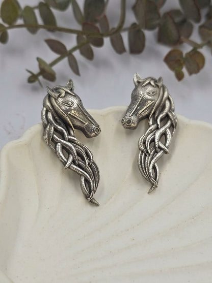 Handcrafted Silver Oxidized Horse Motif Statement Earrings for Women – Contemporary Wear