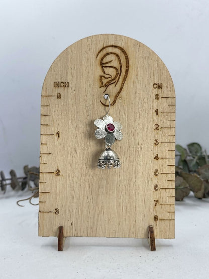 Silver Oxidized Floral Jhumka Earrings with Maroon Stone for Women - Ethnic Everyday Wear