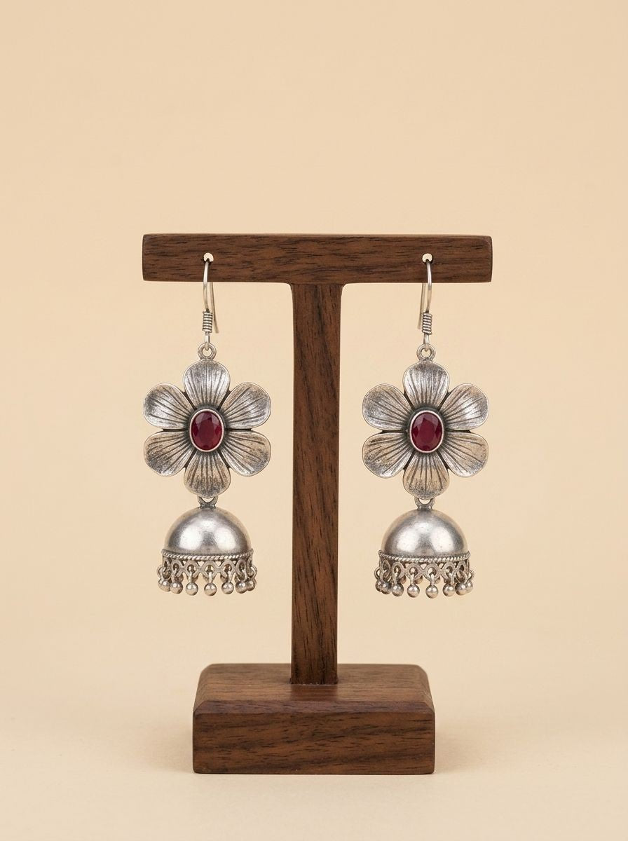 Silver Oxidized Floral Jhumka Earrings with Maroon Stone for Women - Ethnic Everyday Wear