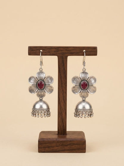 Silver Oxidized Floral Jhumka Earrings with Maroon Stone for Women - Ethnic Everyday Wear