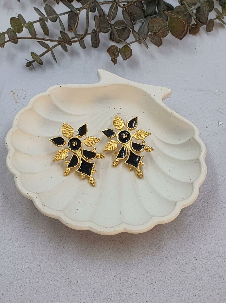 Handcrafted Matte Gold Floral Earrings with Black Enamel Inlays & Pearl Accents for Women - Festive Wear