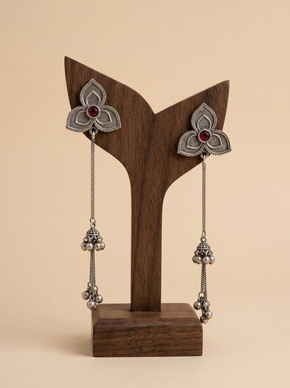 Handcrafted Silver Oxidized Kashmiri Floral Earrings with Ghungroos & Maroon Stone for Women - Ethnic Wear